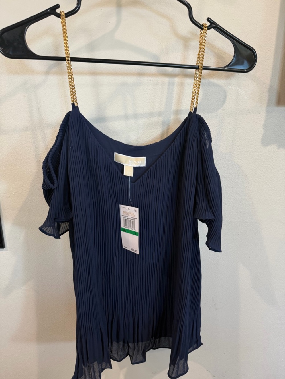 Michael Kors Navy Pleated Cold-Shoulder Top with Gold Chain Accent
